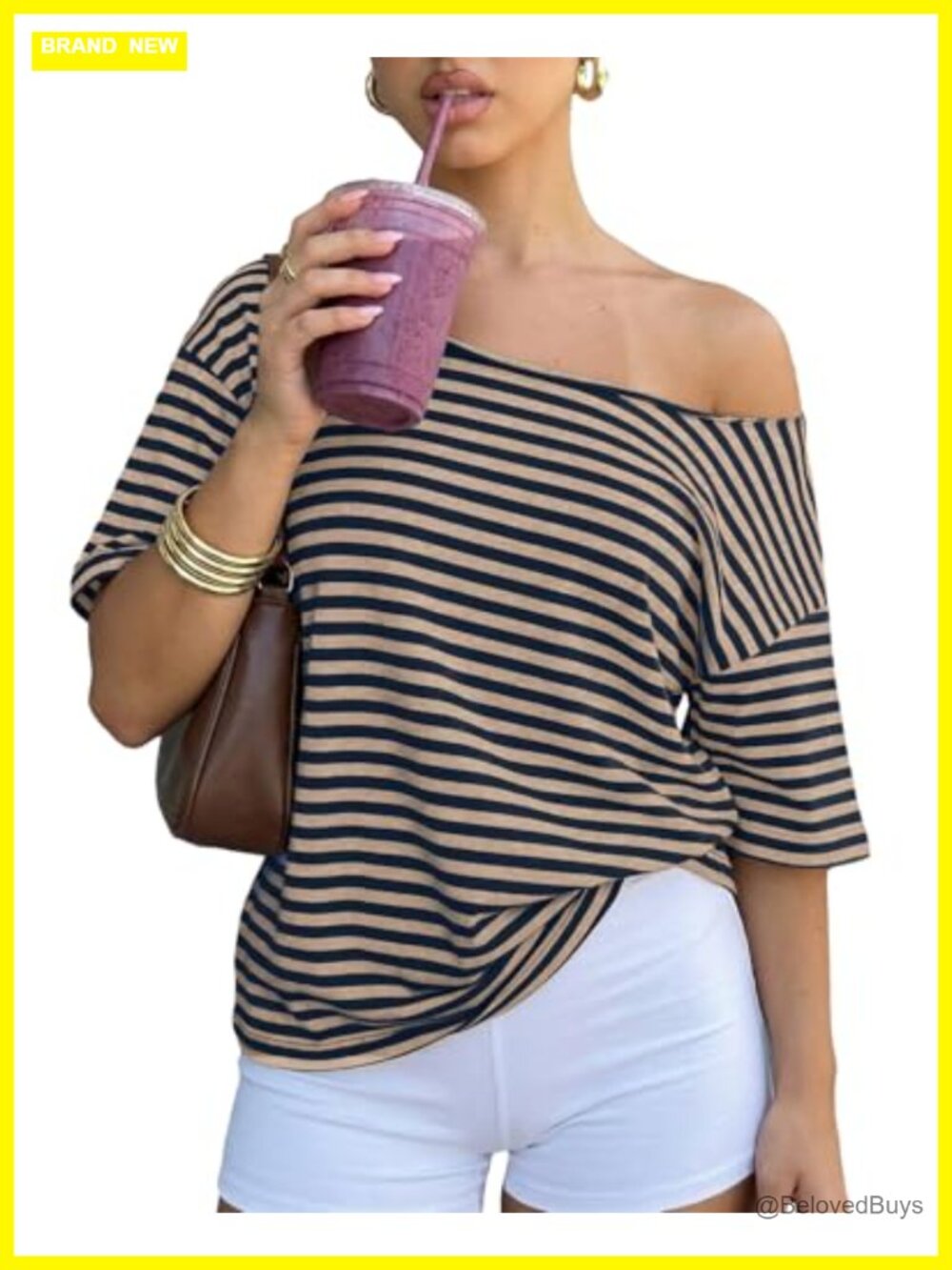 Women's Y2k Off Shoulder Striped Oversized T-Shirt Loose Fit Short Sleeve